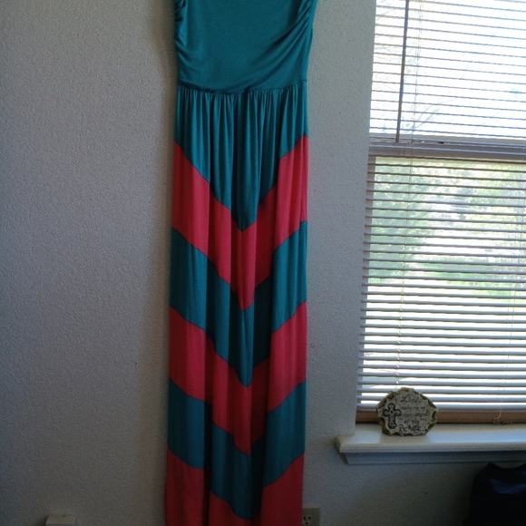 Chevron tube top Empire Maxi Strapless dress Colorblock Dress turquoise/coral - Picture 6 of 14